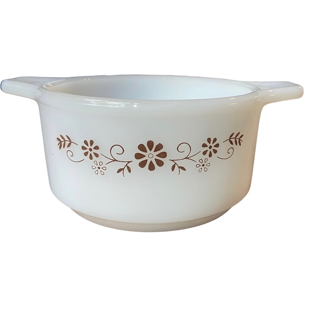 DYNAWARE Pyr-o-rey Vintage Small Casserole Dish Milk Glass Brown Flowers